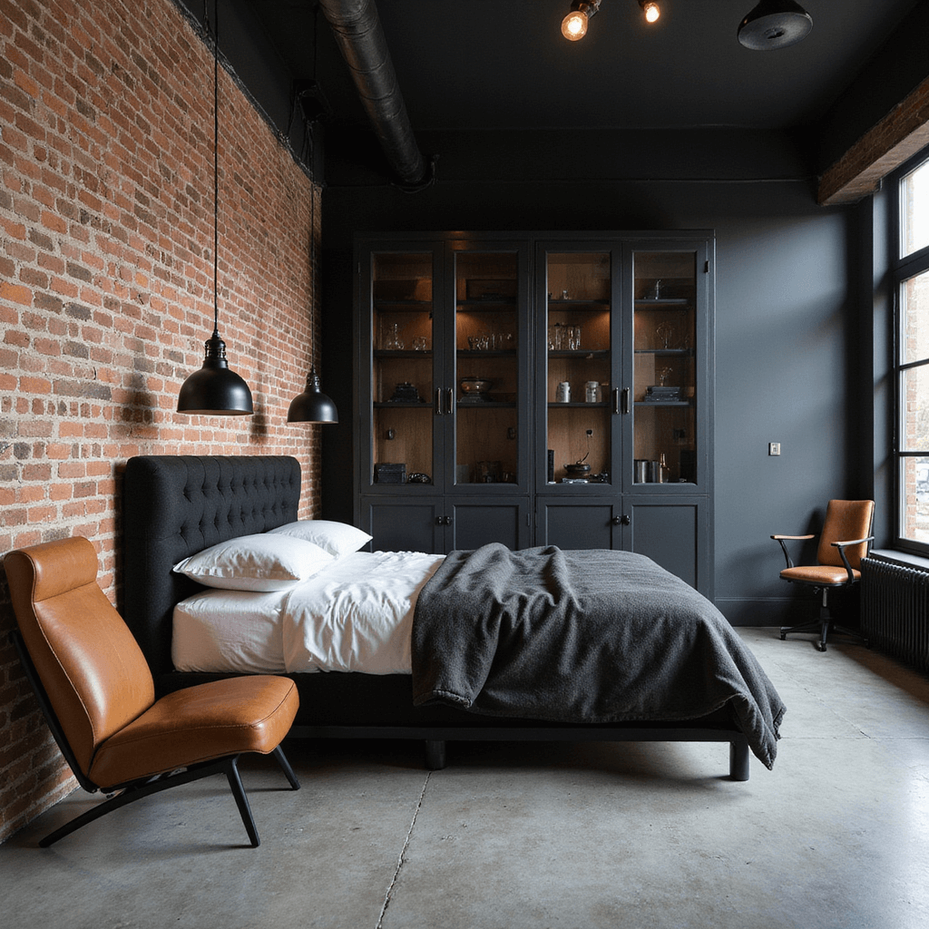 A stylish industrial-chic bedroom with an exposed black brick wall, polished concrete floors, a king bed with a black steel frame and oversized linen headboard, vintage industrial pendant lights, black metal wardrobes, and a warm leather armchair, all bathed in natural afternoon light.