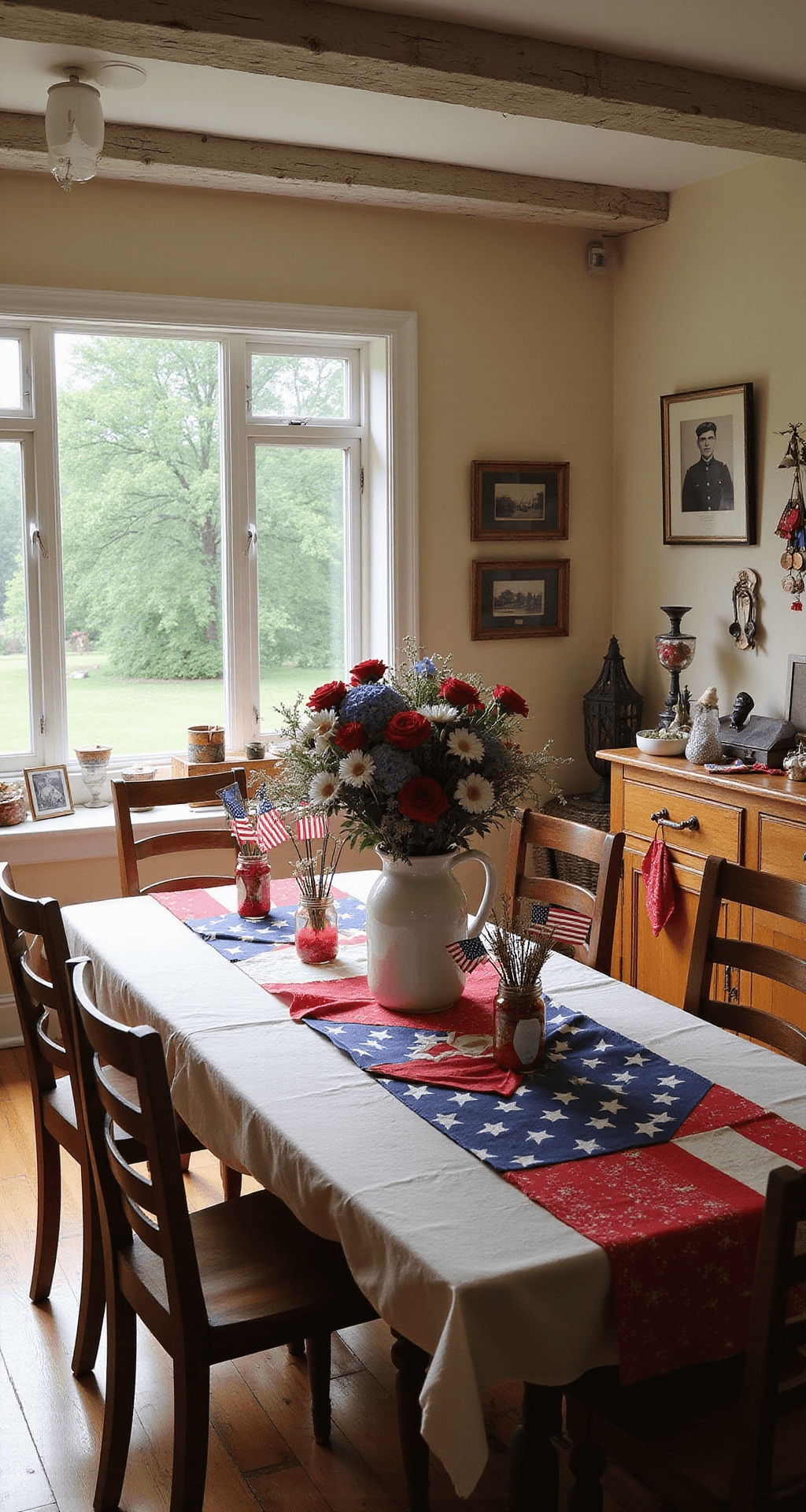Spacious living room with warm sunlight, featuring a farmhouse-style dining table decorated with a star-spangled tablecloth, a floral centerpiece, mason jars with mini flags, and rustic wooden chairs, all set against a soft cream backdrop with vintage decor.