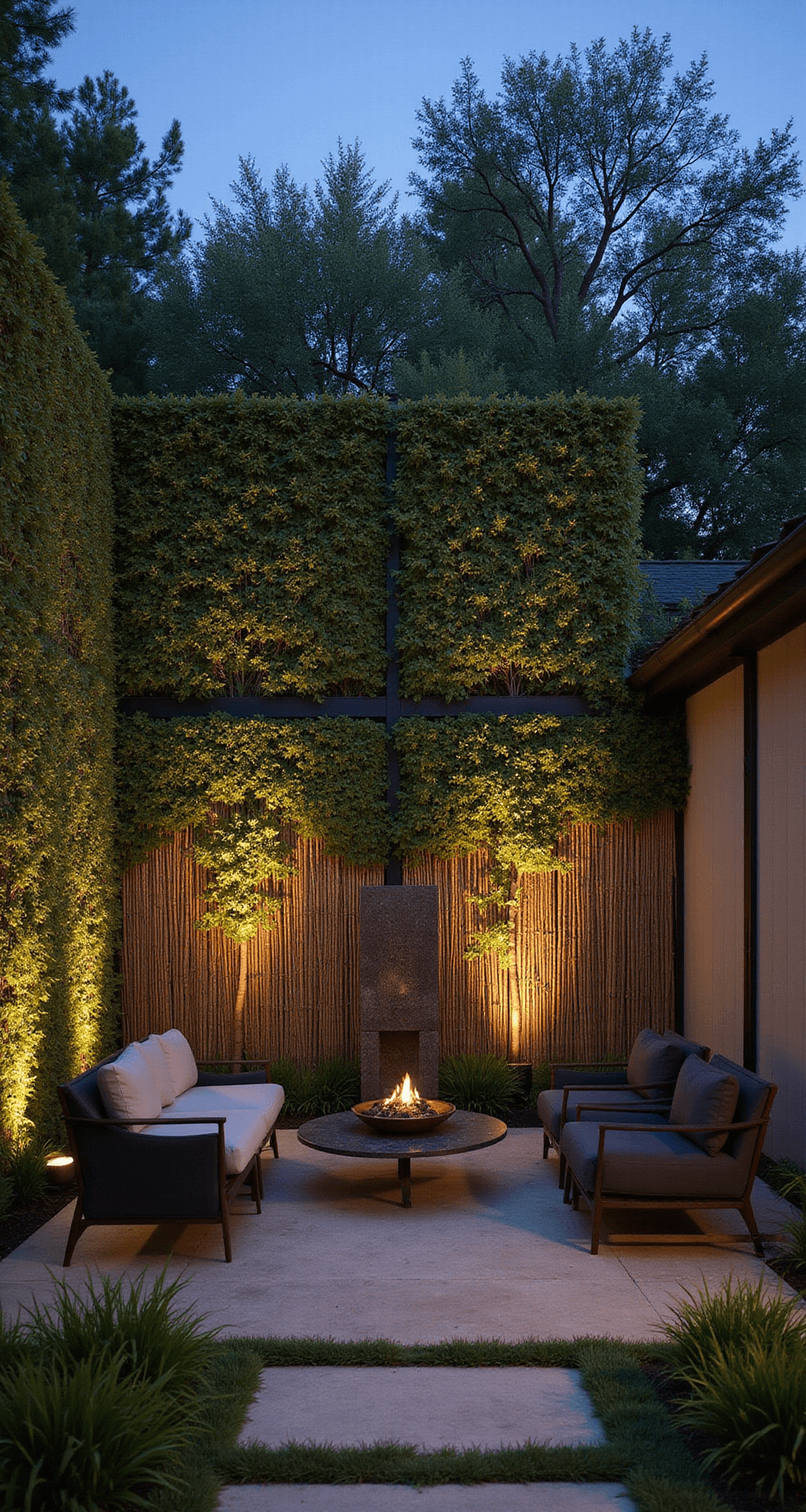 A twilight patio showcasing a privacy-focused design with a living bamboo screen and architectural steel panels, softly illuminated by mood lighting. Modern deep charcoal furnishings with brass accents are surrounded by layered plantings and a calming water feature, creating a tranquil atmosphere. The camera captures the scene at eye level, emphasizing the enclosure while maintaining an open feel.