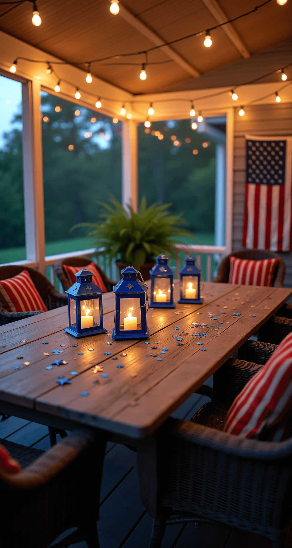 A cozy screened-in porch at dusk, featuring a distressed wooden table set for an intimate gathering, surrounded by wicker chairs with red and white striped cushions. Three blue lanterns with flickering candles serve as a centerpiece, accented with star-shaped confetti. Vintage American flag decorates the far wall, and potted ferns add greenery, all illuminated by twinkling string lights overhead in a warm, golden-hour glow.