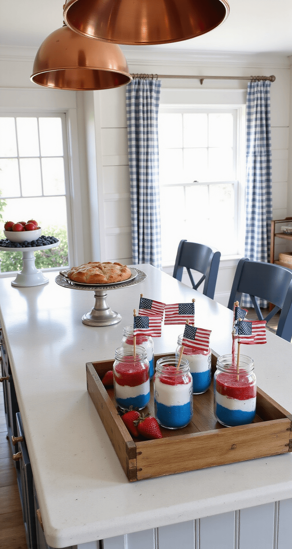 A bright, airy kitchen with white shiplap walls and navy blue accents, featuring morning light streaming through gingham curtains. The island displays a rustic wooden tray with clear mason jars of red, white, and blue sand, each adorned with a small American flag. Surrounding bowls of fresh strawberries and blueberries add color, while a homemade apple pie sits on a nearby cake stand and copper pots hang overhead, reflecting warm light.