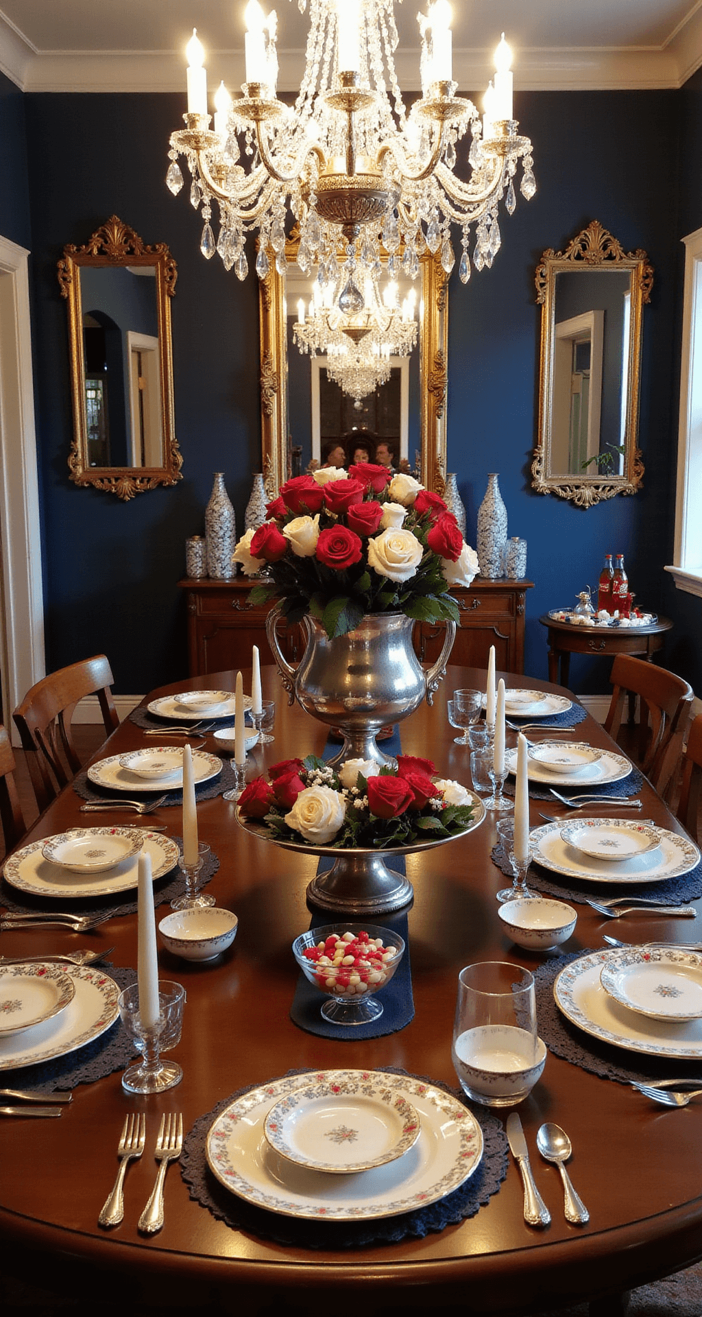 An elegant evening dining room featuring a mahogany table set with fine china and silver cutlery, highlighted by a dramatic floral centerpiece and patriotic jelly beans, embraced by deep blue walls and crystal chandeliers.