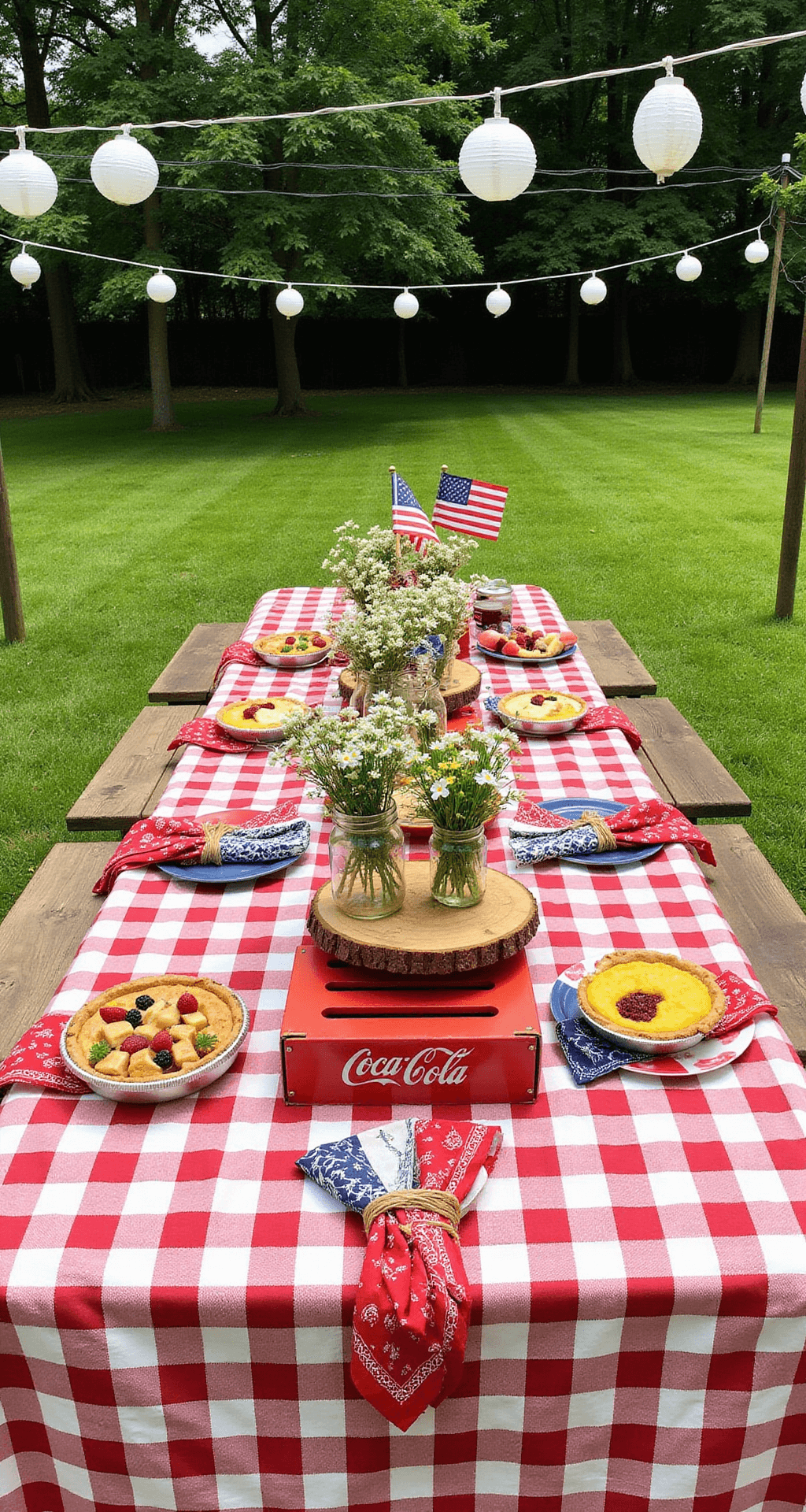 A vibrant backyard patio set for a casual BBQ, featuring a picnic table with a red and white checkered cloth, wooden rounds adorned with mason jars of wildflowers and mini American flags, vintage Coca-Cola crates with fresh fruit and pies, and festive decorations including bandanas as napkin rings and strings of lights overhead, all bathed in warm sunlight.
