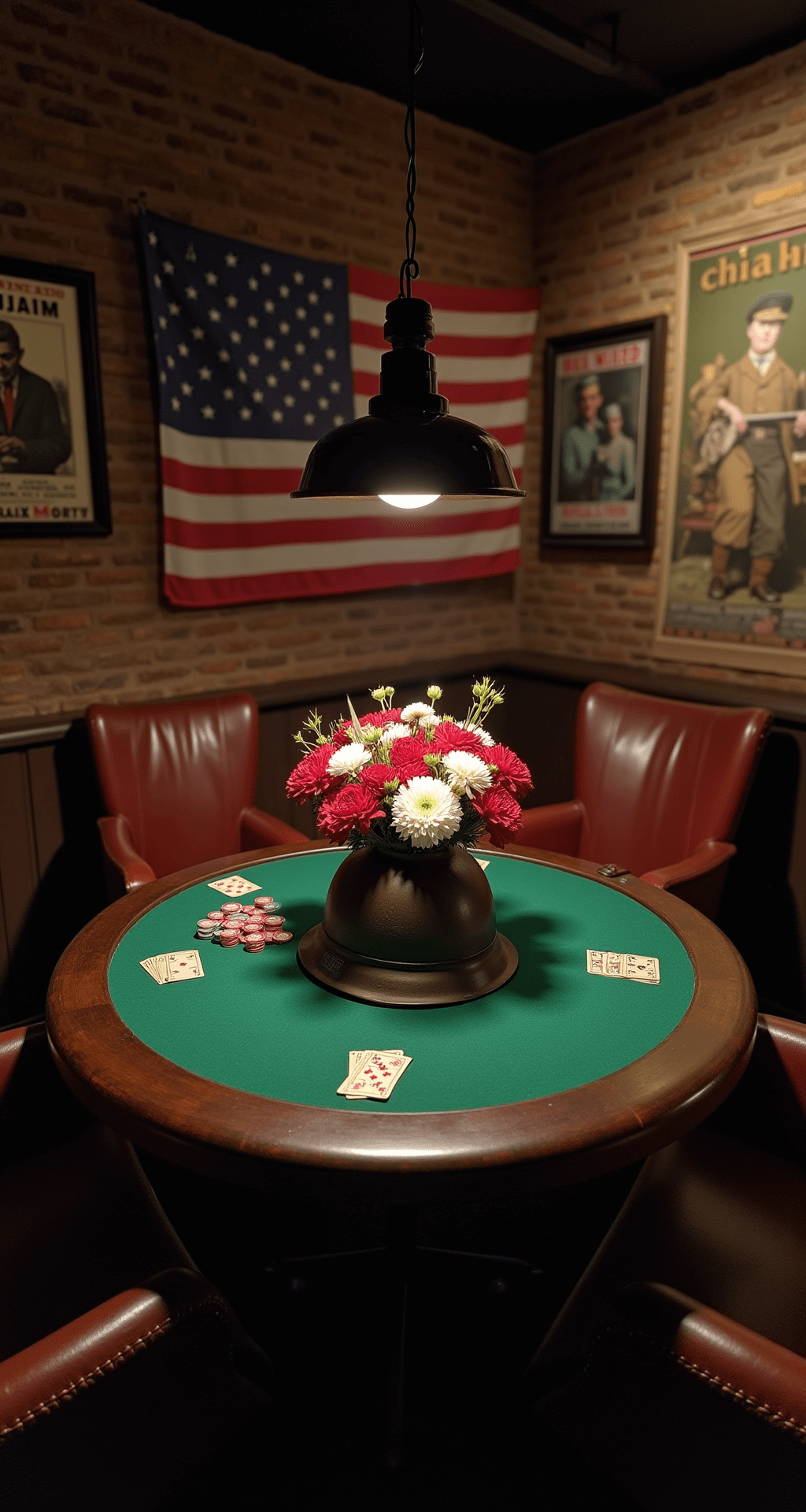 A cozy man cave with exposed brick walls features a round poker table illuminated by an industrial lamp, centered with an old military helmet filled with red carnations and white chrysanthemums, surrounded by vintage playing cards, poker chips, and war medals, with framed propaganda posters and an American flag adorning the walls.