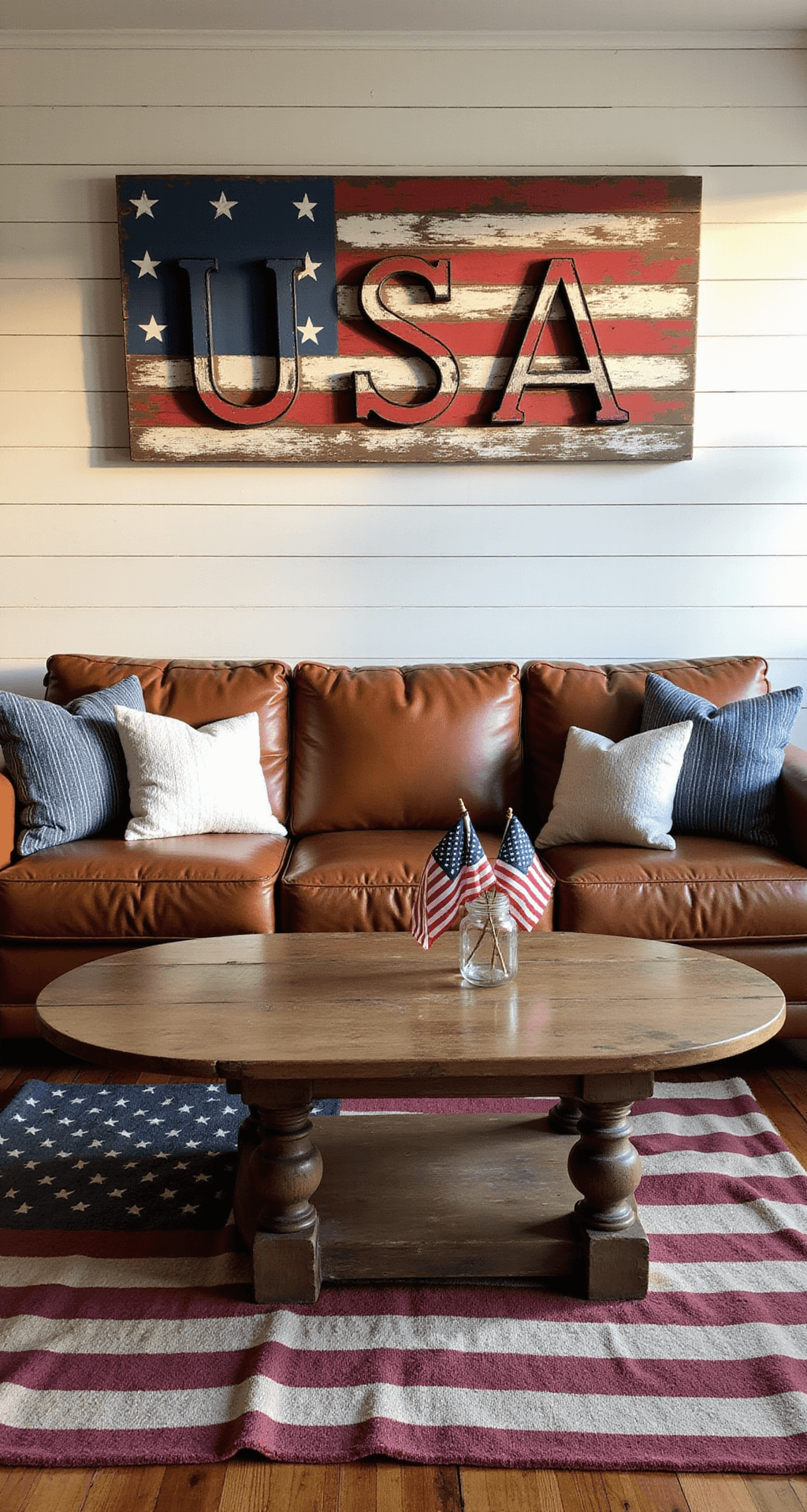 A cozy farmhouse living room with whitewashed shiplap walls, featuring a large rustic 'USA' wood sign above a distressed leather sofa with navy and white striped pillows. A chunky wooden coffee table holds a mason jar filled with American flags, set on warm oak flooring beneath a vintage-inspired flag rug, all bathed in late afternoon golden light.