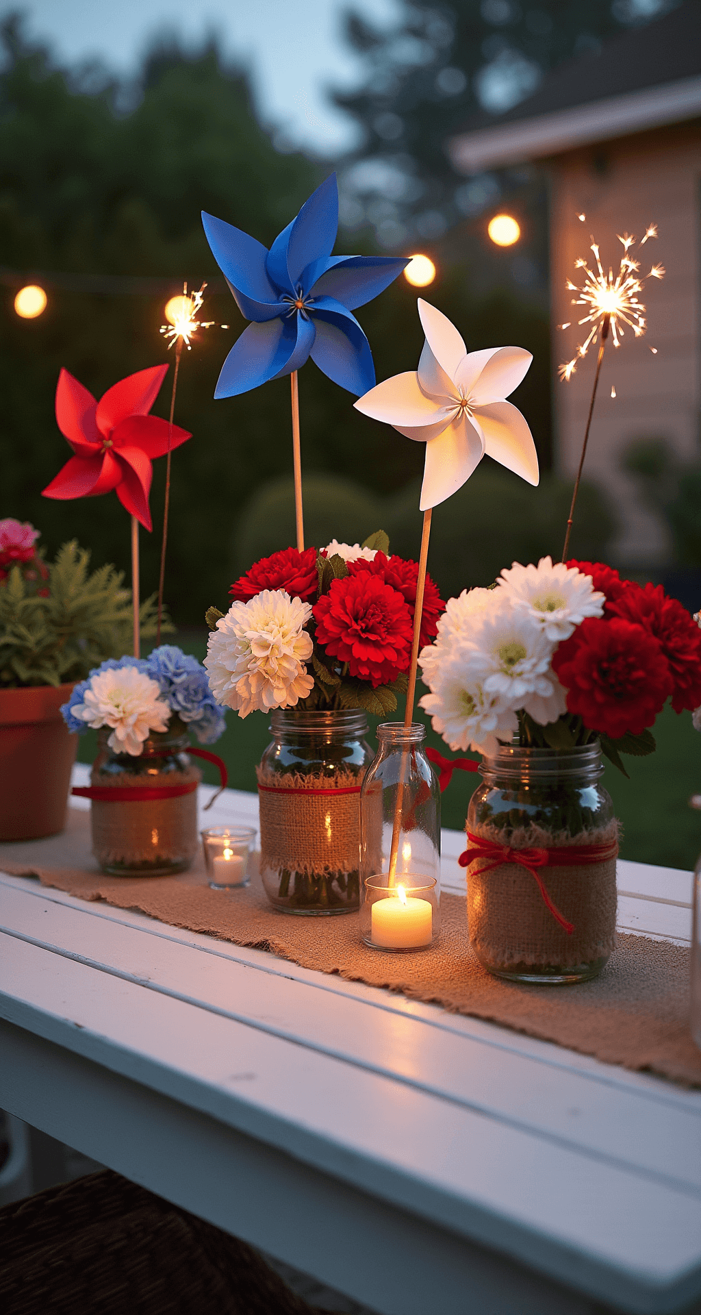A whimsical outdoor patio set for a 4th of July celebration featuring a white wooden table with a burlap runner, mason jars filled with red carnations, white daisies, and blue hydrangeas, handmade paper pinwheels, potted ferns, string lights overhead, and sparklers in glass vases, all creating a joyful twilight atmosphere.