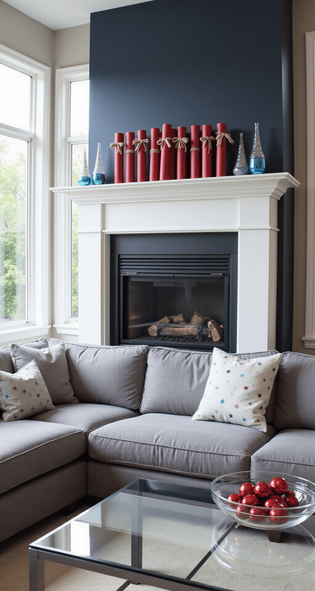 A modern living room features floor-to-ceiling windows and a navy accent wall, showcasing a gray sectional with star-patterned throw pillows, a white fireplace mantel decorated with DIY faux firecrackers, and a clear coffee table with red and blue glass baubles, all illuminated by late morning light.
