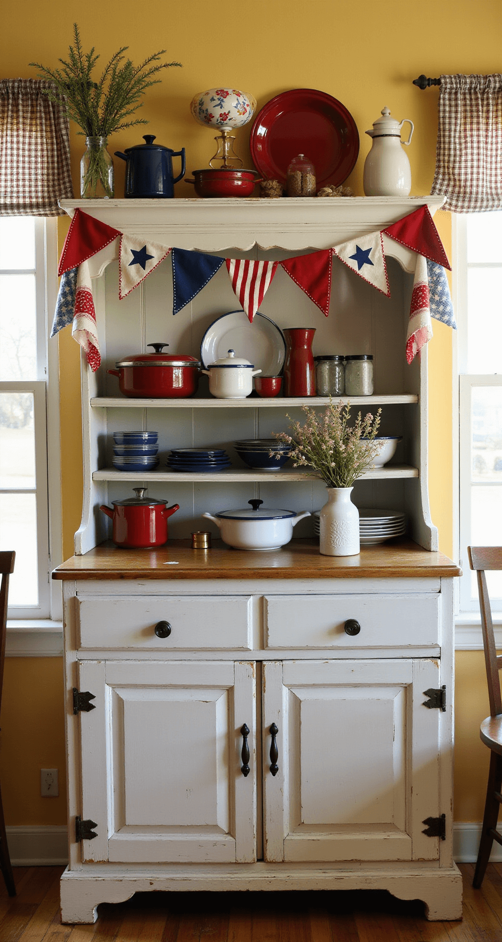 A close-up of an antique hutch against a butter-yellow wall in a country kitchen, showcasing vintage red, white, and blue enamelware, a handmade fabric banner with stars and stripes, and mason jars with fresh-cut wildflowers, all bathed in warm morning light.