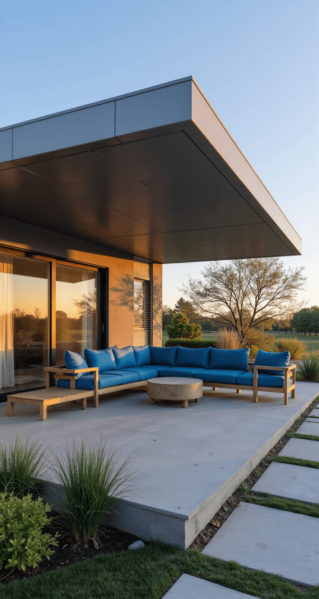 A sleek 20x15ft modern patio cover at golden hour, featuring brushed aluminum panels, a contemporary grey sectional with azure cushions, and minimalist potted plants, with reflections in floor-to-ceiling sliding glass doors.