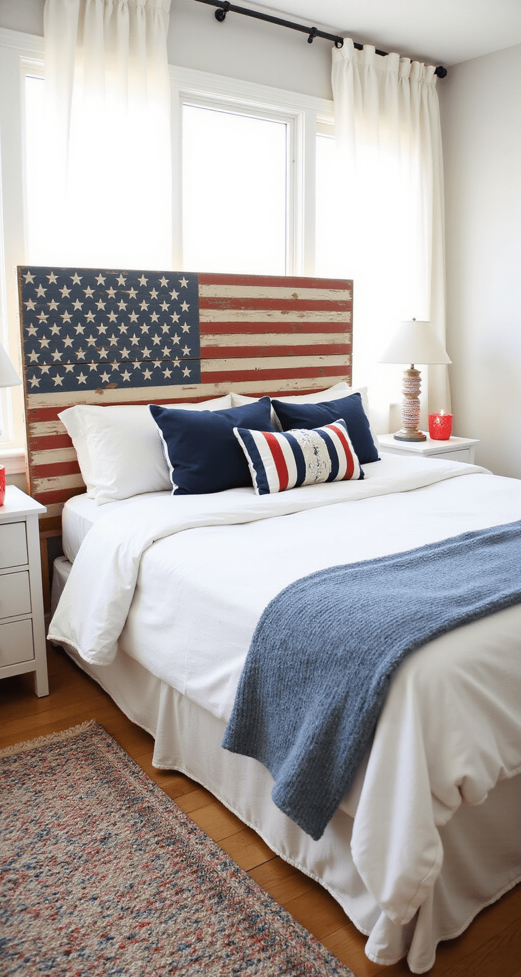 A cozy guest bedroom featuring a DIY pallet headboard resembling a distressed American flag, soft white bedding with navy and red accents, and upcycled jar candle holders on whitewashed nightstands, all illuminated by diffused afternoon light through sheer curtains, complemented by a braided rag rug in patriotic colors on light pine flooring.