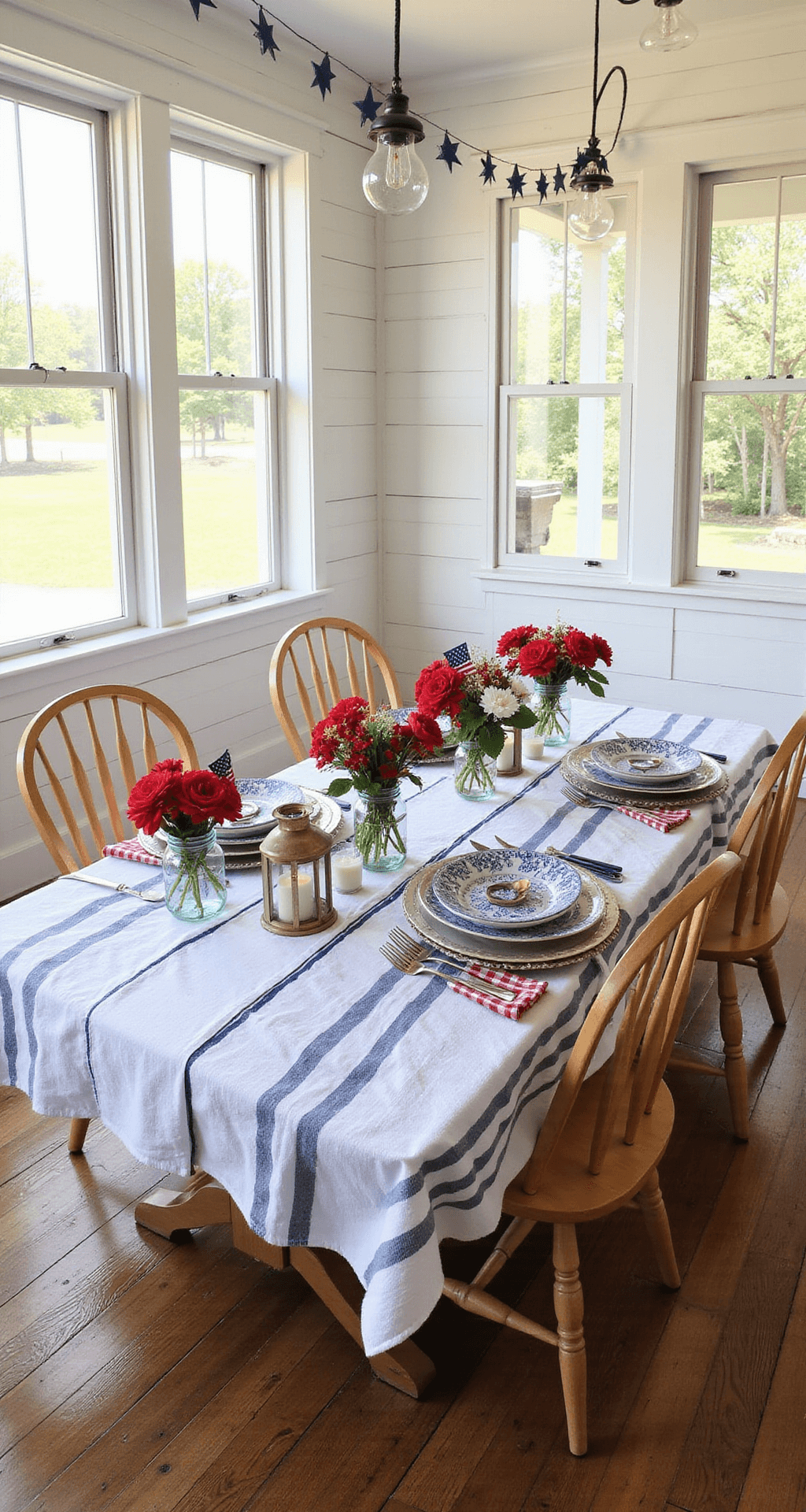 A bright open-plan dining area with white shiplap walls and rustic hardwood floors, featuring a 6-seat farmhouse table covered in a white tablecloth and a navy and red striped runner, adorned with Mason jar centerpieces of red and white flowers, vintage lanterns, blue and white patterned plates, star-shaped napkin rings, mini American flags, and a garland of paper stars, all bathed in warm afternoon light.