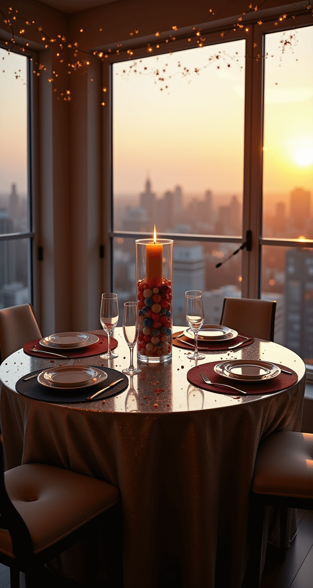 An intimate dining nook in a sunset-lit apartment, featuring a round glass table set for four with a shimmering silver tablecloth, red, white, and blue marble centerpiece, alternating navy and red placemats, white china, and crystal stemware, all under twinkling fairy lights.