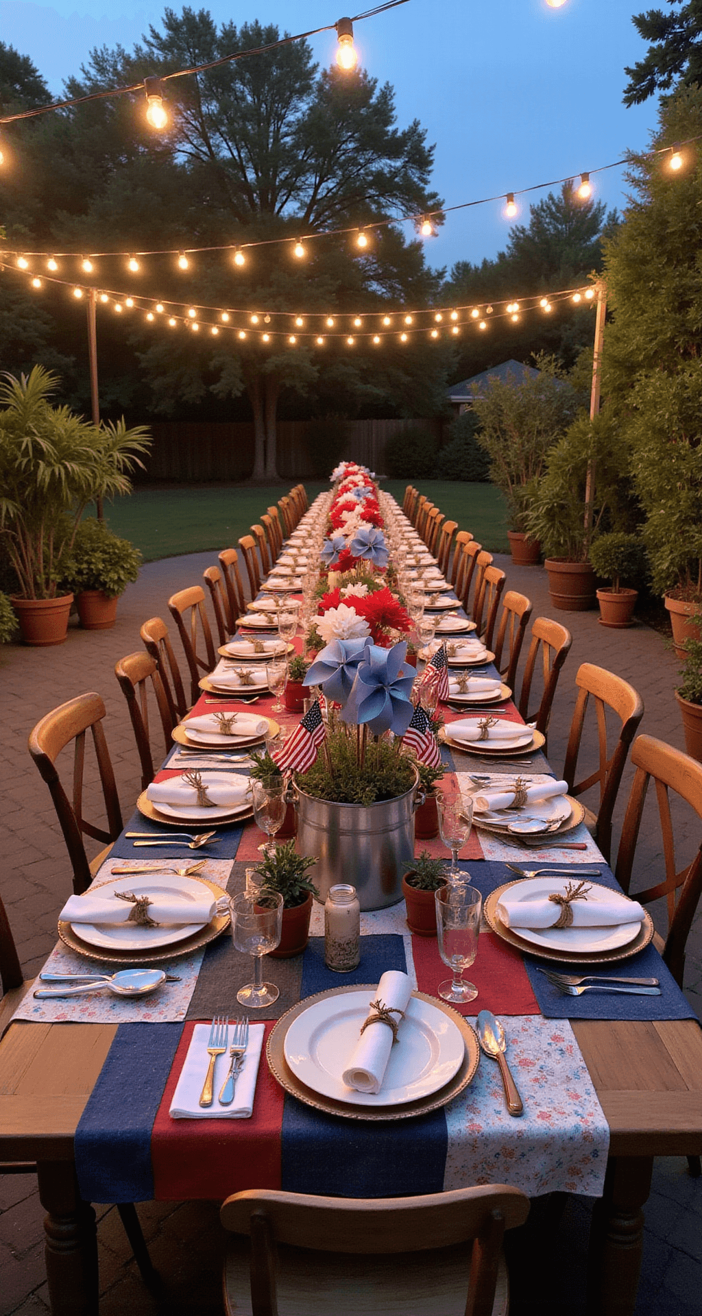 A beautifully decorated outdoor patio at dusk features a long banquet table draped in red, white, and blue linens, with mismatched vintage chairs and warm Edison lights overhead. The table is adorned with oversized paper pinwheels, sparklers, and enamelware place settings, evoking a festive summer evening atmosphere.
