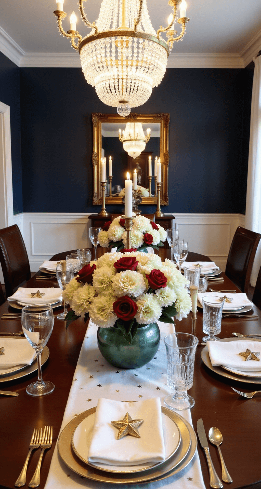 A luxurious dining room with navy walls and white crown molding, featuring a polished mahogany table set for eight, adorned with a gold-star table runner, crystal glassware, and floral arrangements of white hydrangeas and red roses, illuminated by crystal chandeliers and taper candles, all reflected in an ornate gilded mirror.