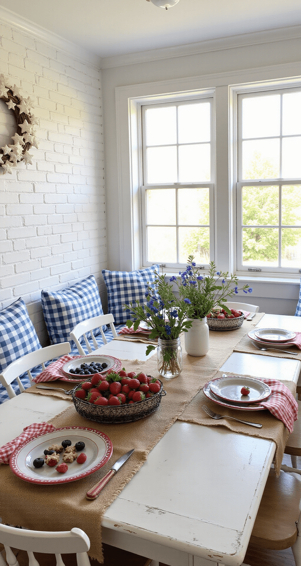 A cozy breakfast nook with white-painted brick walls and a bay window, featuring a distressed white wooden table set for brunch with burlap runner, mason jar place settings filled with wildflowers, and a fruit basket centerpiece. The inviting scene is complemented by blue and white striped cushions, gingham napkins, and enamel plates in red and blue, all bathed in bright morning light.
