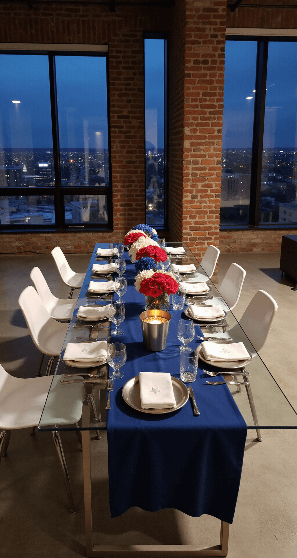 A modern loft dining space featuring a sleek glass and steel table for ten, adorned with a geometric red, white, and blue table runner and a centerpiece of cylinder vases with red carnations, white roses, and blue delphiniums. The room has exposed brick walls, polished concrete floors, floor-to-ceiling windows showcasing a nighttime city view, and subtle LED-lit ice buckets, while place settings include square white plates and origami napkin stars, enhanced by metal flags at each seat.