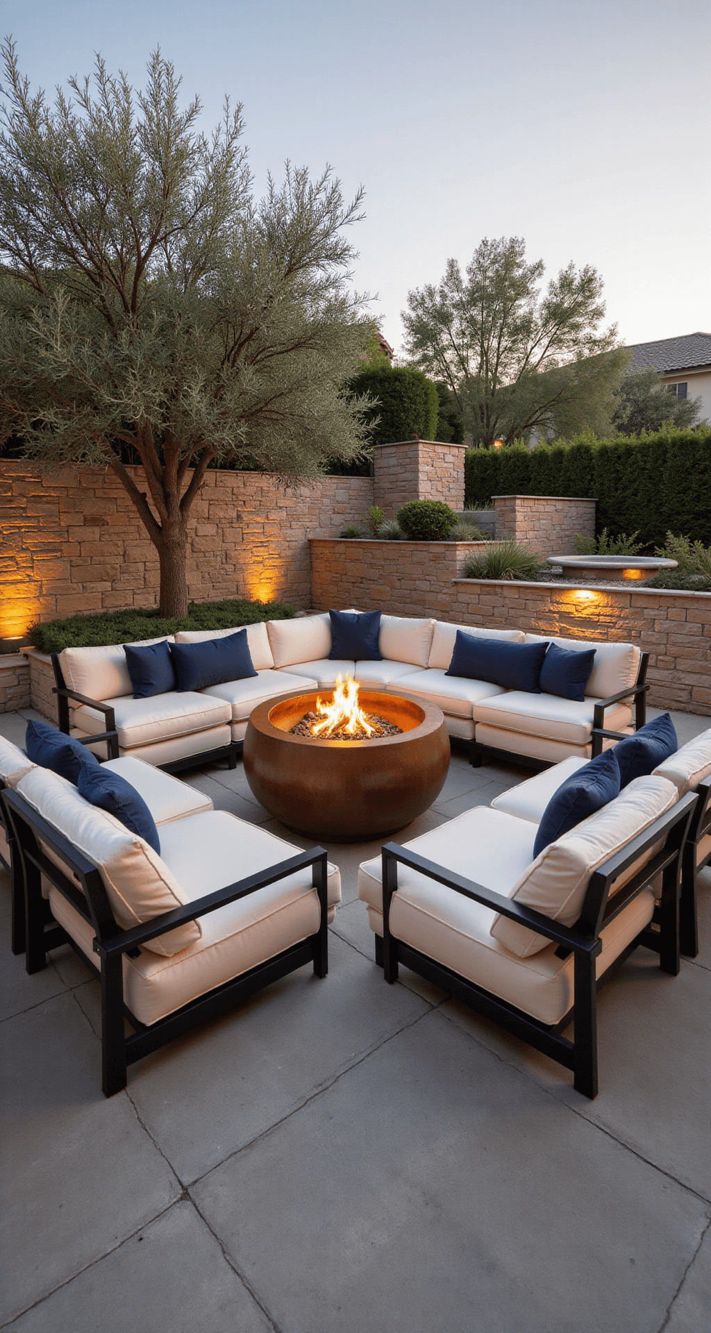 An elegant outdoor living room featuring a sunken conversation pit with a circular Corten steel fire pit, surrounded by cream-colored sectional seating with navy cushions, all set on a 30'x40' terraced patio. Mature olive trees in concrete planters and natural stone retaining walls with integrated LED lighting complete the scene at golden hour.
