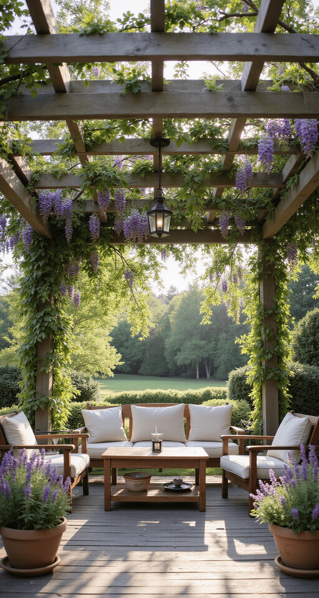 A wide-angle view of a romantic pergola garden featuring a wooden pergola adorned with wisteria and climbing roses, weathered teak furniture with cream cushions, vintage lanterns, and lavender in terracotta pots, all captured in soft natural light.