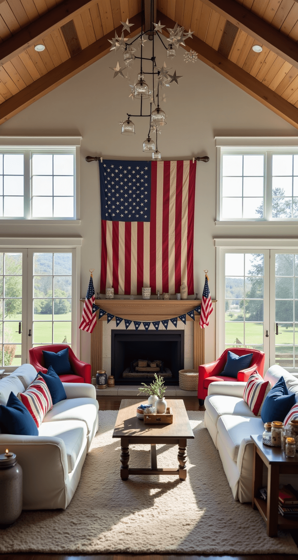 Patriotic Pizzazz: Decking Out Your Space in Red, White, and Blue A spacious open-concept living room featuring vaulted ceilings, large windows, and a red, white, and blue color scheme, with a plush white sofa, rustic wooden coffee table, vintage American flag above the fireplace, patriotic bunting, star-shaped paper lanterns, red and blue accent chairs, and a sideboard displaying flags in mason jars, all bathed in warm afternoon sunlight.