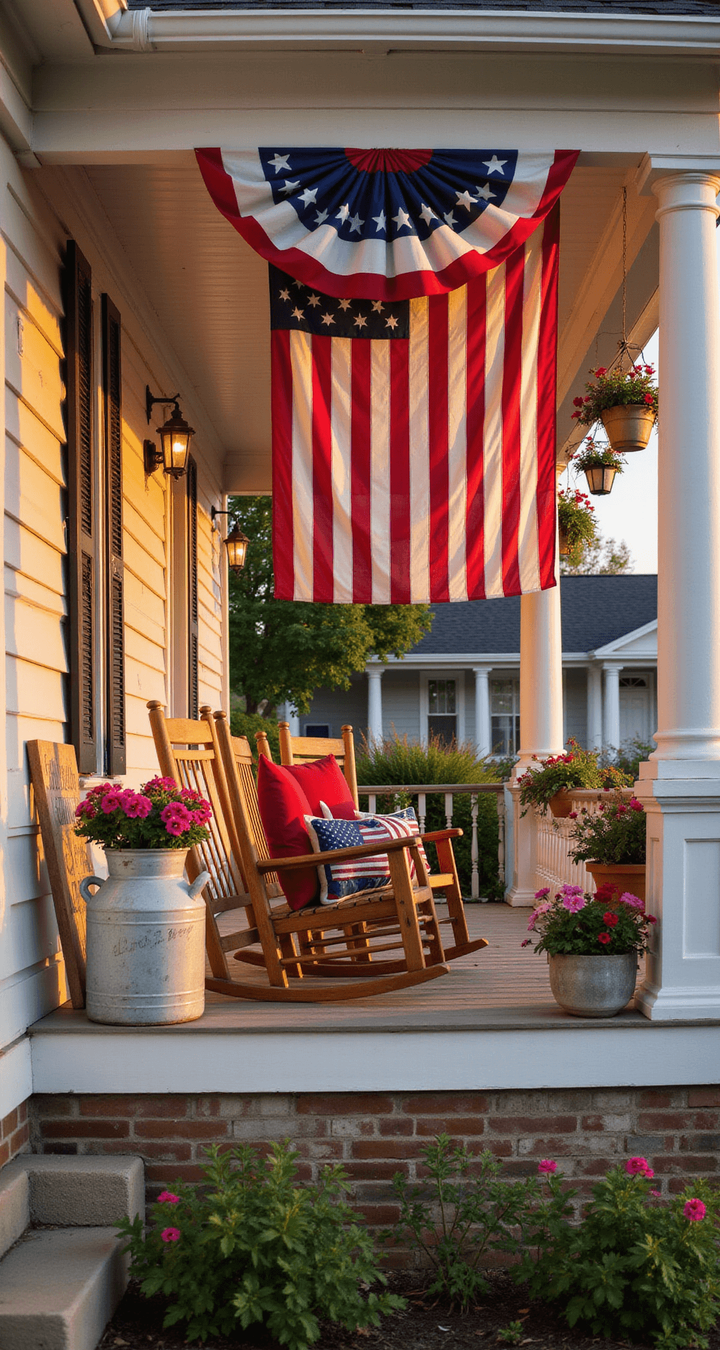 Patriotic Pizzazz: Decking Out Your Space in Red, White, and Blue A charming front porch adorned with red, white, and blue decor, featuring wooden rocking chairs, a large American flag, bunting, hanging petunia baskets, a vintage milk can with small flags, and a rustic sign reading 'Land of the Free,' all illuminated by soft string lights during golden hour.