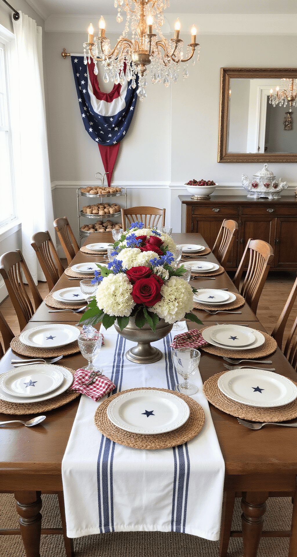 Patriotic Pizzazz: Decking Out Your Space in Red, White, and Blue An elegant Fourth of July dining room featuring a long farmhouse table with a white tablecloth, navy and red striped runner, and patriotic place settings, complemented by a lush centerpiece of white hydrangeas, red roses, and blue delphiniums in a vintage silver punch bowl, with bunting on the sideboard and appetizers on tiered stands, illuminated by crystal chandeliers.