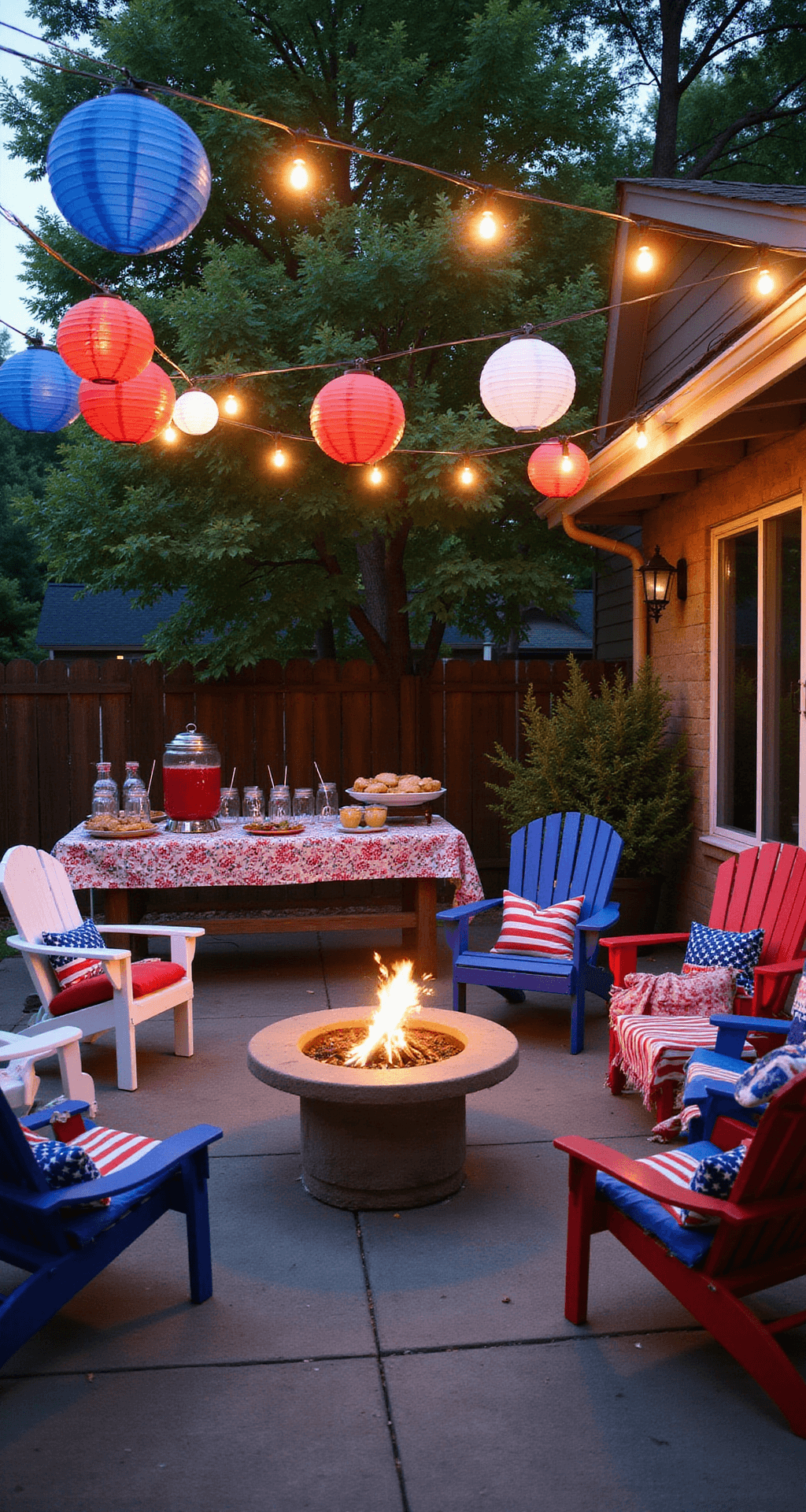 Patriotic Pizzazz: Decking Out Your Space in Red, White, and Blue A cozy backyard patio at dusk, decorated for a patriotic celebration with string lights, paper lanterns, a buffet table featuring American dishes, a drink station with red punch, Adirondack chairs, a fire pit with sparklers, and American flag pillows.