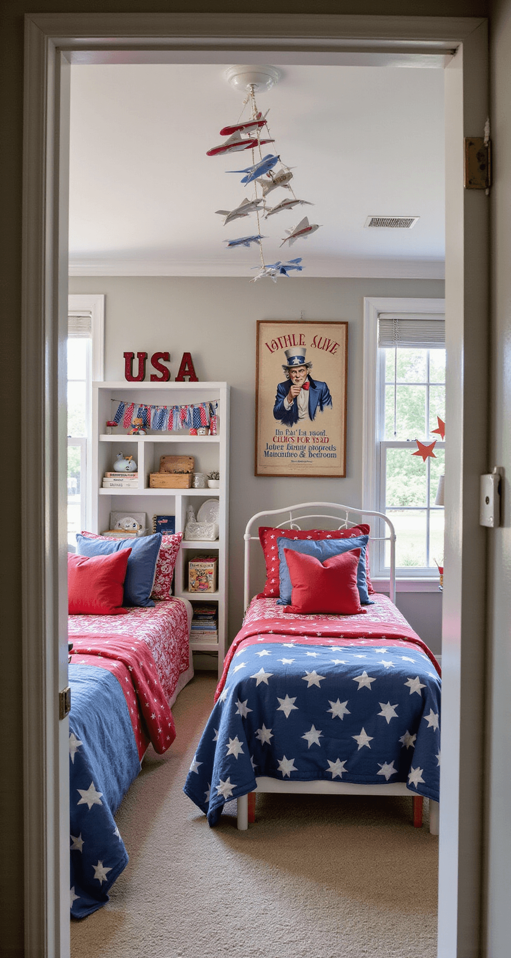 Patriotic Pizzazz: Decking Out Your Space in Red, White, and Blue A child's patriotic bedroom featuring twin beds with red and blue quilts, a glowing 'USA' marquee sign, vintage Uncle Sam posters, a DIY bunting banner, a bookshelf with themed toys and books, star-shaped window decorations, and a mobile of paper airplanes, viewed from the doorway.