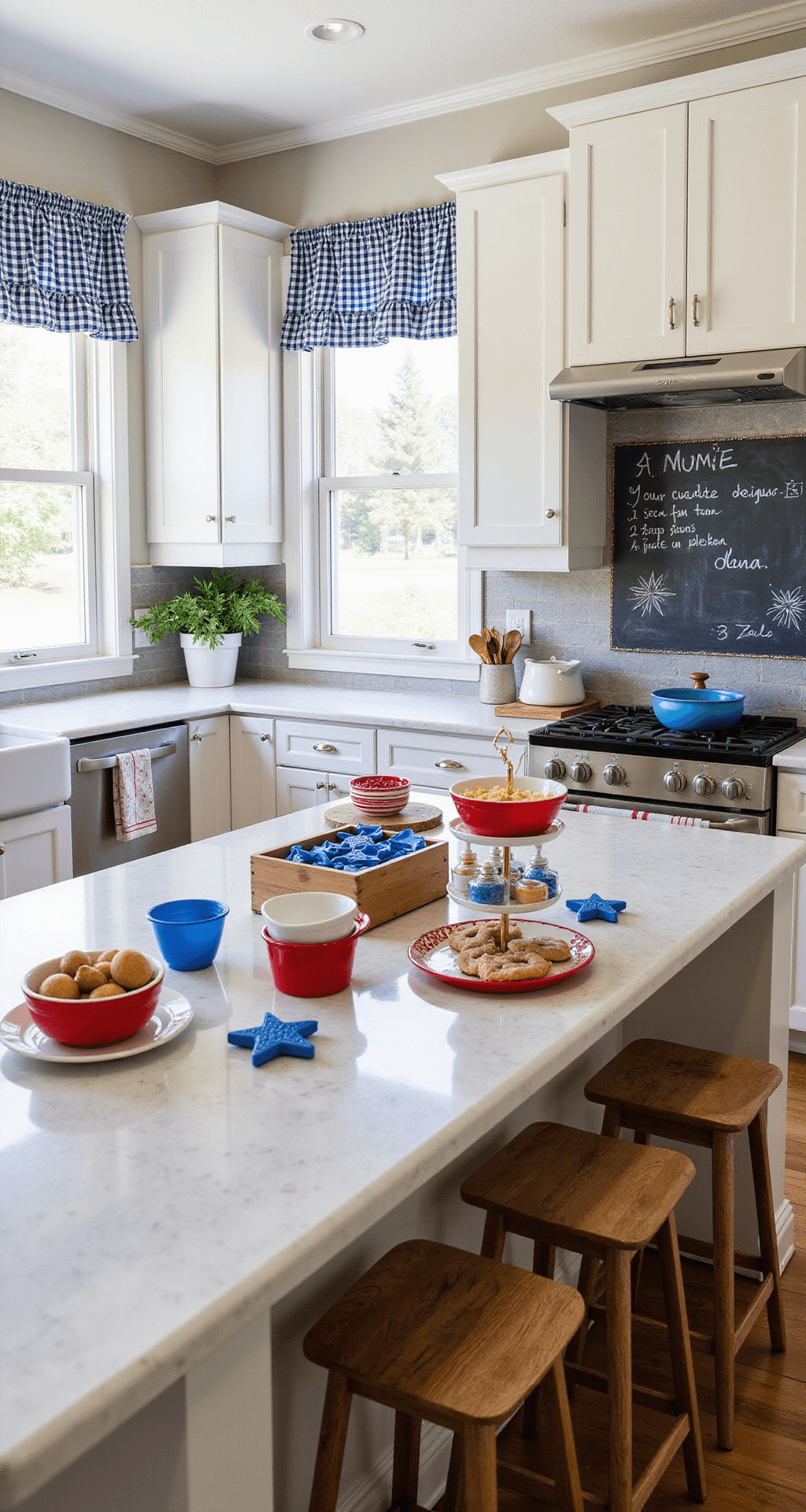 Patriotic Pizzazz: Decking Out Your Space in Red, White, and Blue A modern kitchen with white cabinets and stainless steel appliances, featuring a marble island topped with ingredients for flag-themed desserts, red, white, and blue mixing bowls, a chalkboard wall with a hand-drawn American flag, patriotic dish towels, and a tiered tray of cookie cutters and sprinkles, all illuminated by sunlight through navy gingham curtains.