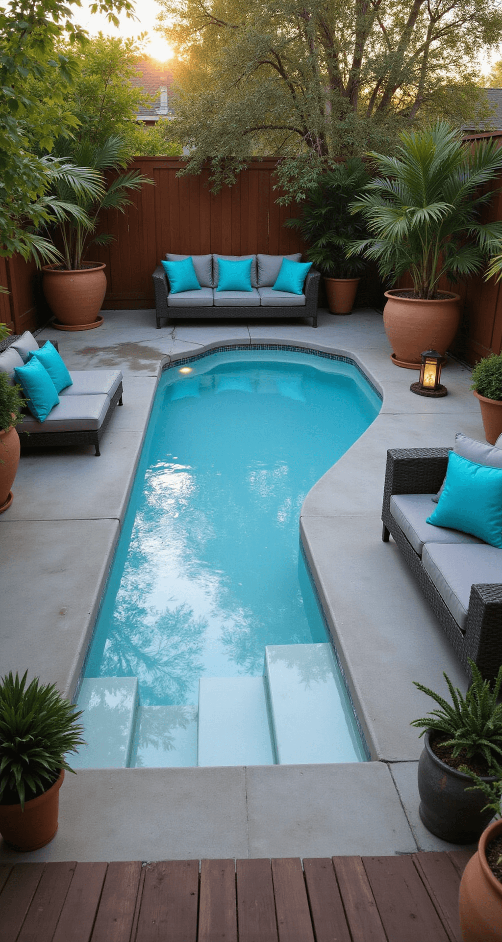 A compact plunge pool in a cozy urban backyard at golden hour, featuring sleek white tiles and built-in LED lighting, surrounded by natural stone decking. Adjacent modern lounge area with charcoal grey furniture and vibrant turquoise cushions, framed by lush tropical plants in terracotta pots, under warm soft lighting.