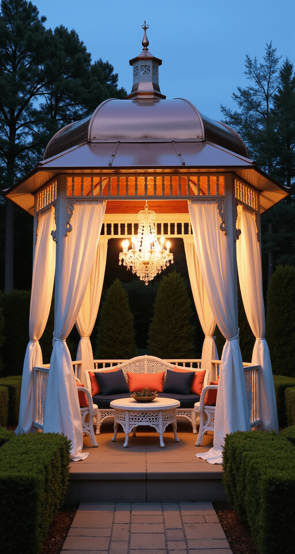 Dusk view of an octagonal 12ft luxury gazebo with a copper roof and white columns, featuring a crystal chandelier illuminating a cozy seating area adorned with white wicker furniture and navy and coral cushions, framed by sheer white curtains and manicured boxwood hedges, captured at f/2.8 for a warm, evening ambiance with rich wooden tones and metallic highlights.