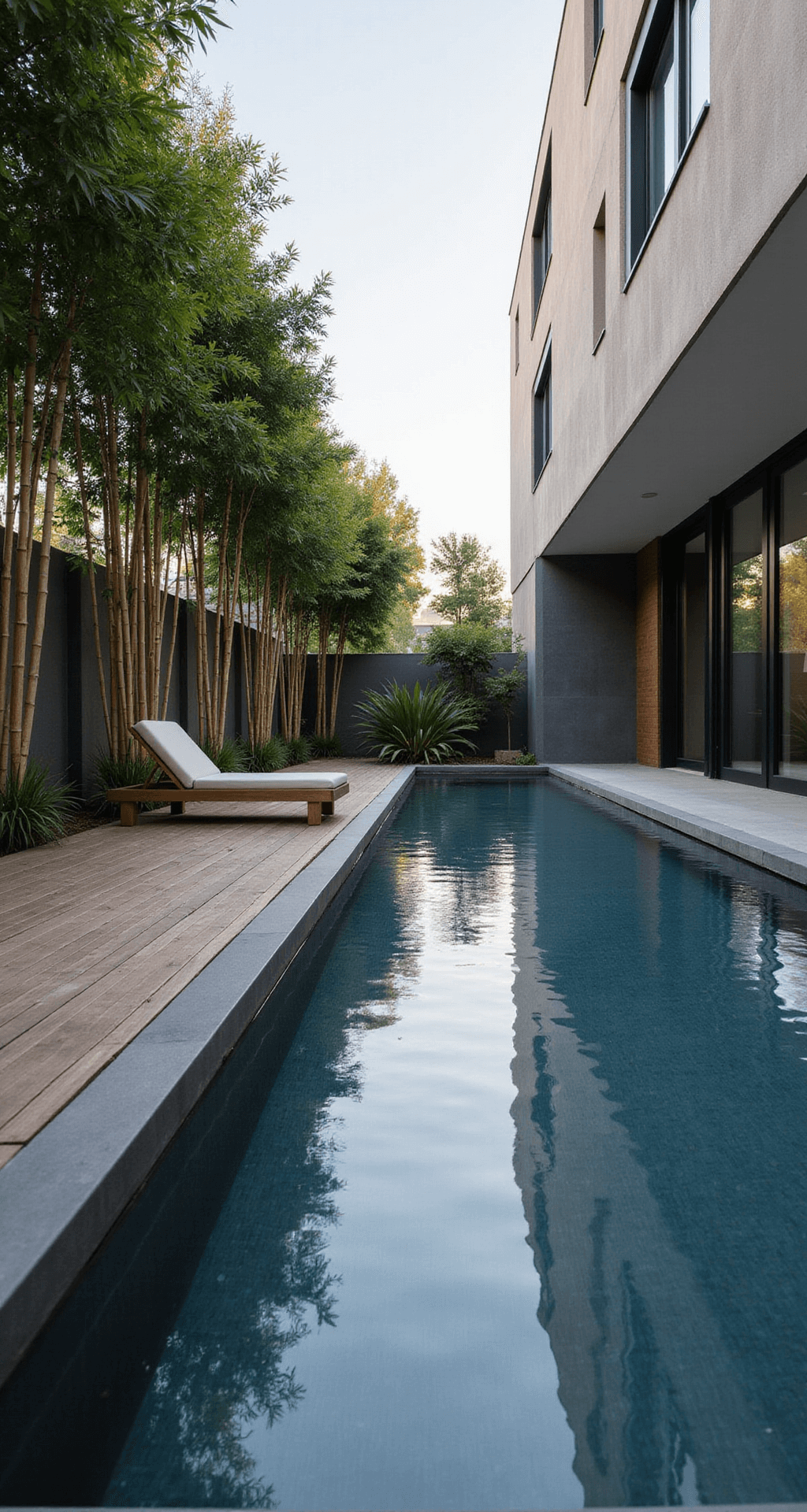 A long lap pool with an infinity edge reflects the early morning sky, lined with charcoal grey tiles and surrounded by light wood decking. Tall bamboo creates a privacy screen, while a single teak chaise lounge sits at the pool's end. The low camera angle highlights the pool's minimalist design and tranquil atmosphere.