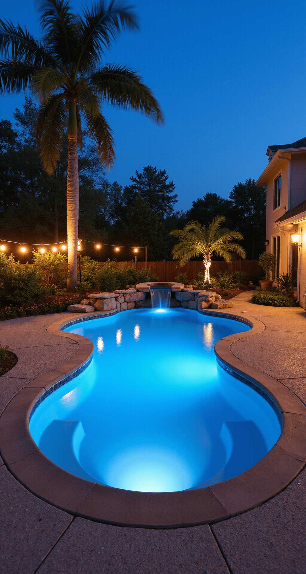 A beautifully landscaped suburban backyard at twilight featuring a kidney-shaped pool with underwater lighting, surrounded by natural stone coping and a textured concrete deck. A cascading rock waterfall adds ambiance, while tiki torches and string lights create a warm glow, complemented by palm trees and tropical flowers.