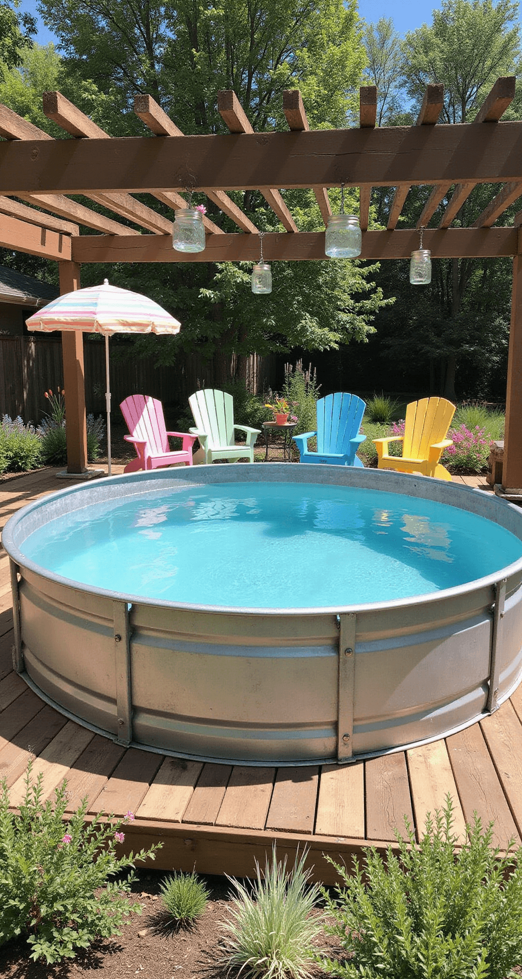 A rustic-chic backyard featuring a raised 10'x12' galvanized metal stock tank pool surrounded by a wooden deck, colorful Adirondack chairs, striped beach umbrellas, and hanging mason jar lanterns, with wildflowers and native grasses enhancing the playful atmosphere.