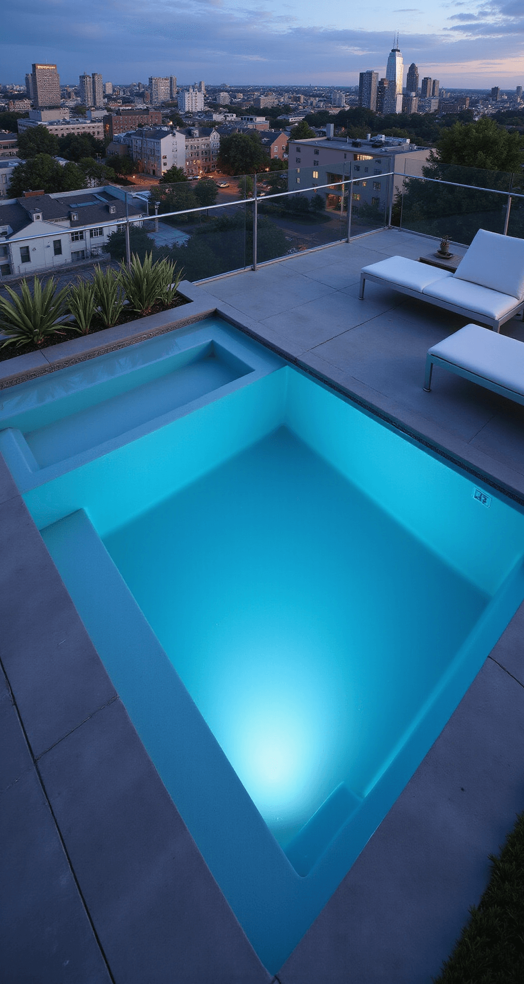 A high-angle view of a modern 15'x15' square pool with a glass edge, set flush with a minimalist rooftop terrace at dusk, featuring concrete surroundings, sculptural succulents, white leather lounge chairs, and illuminated edges that contrast with the city skyline.