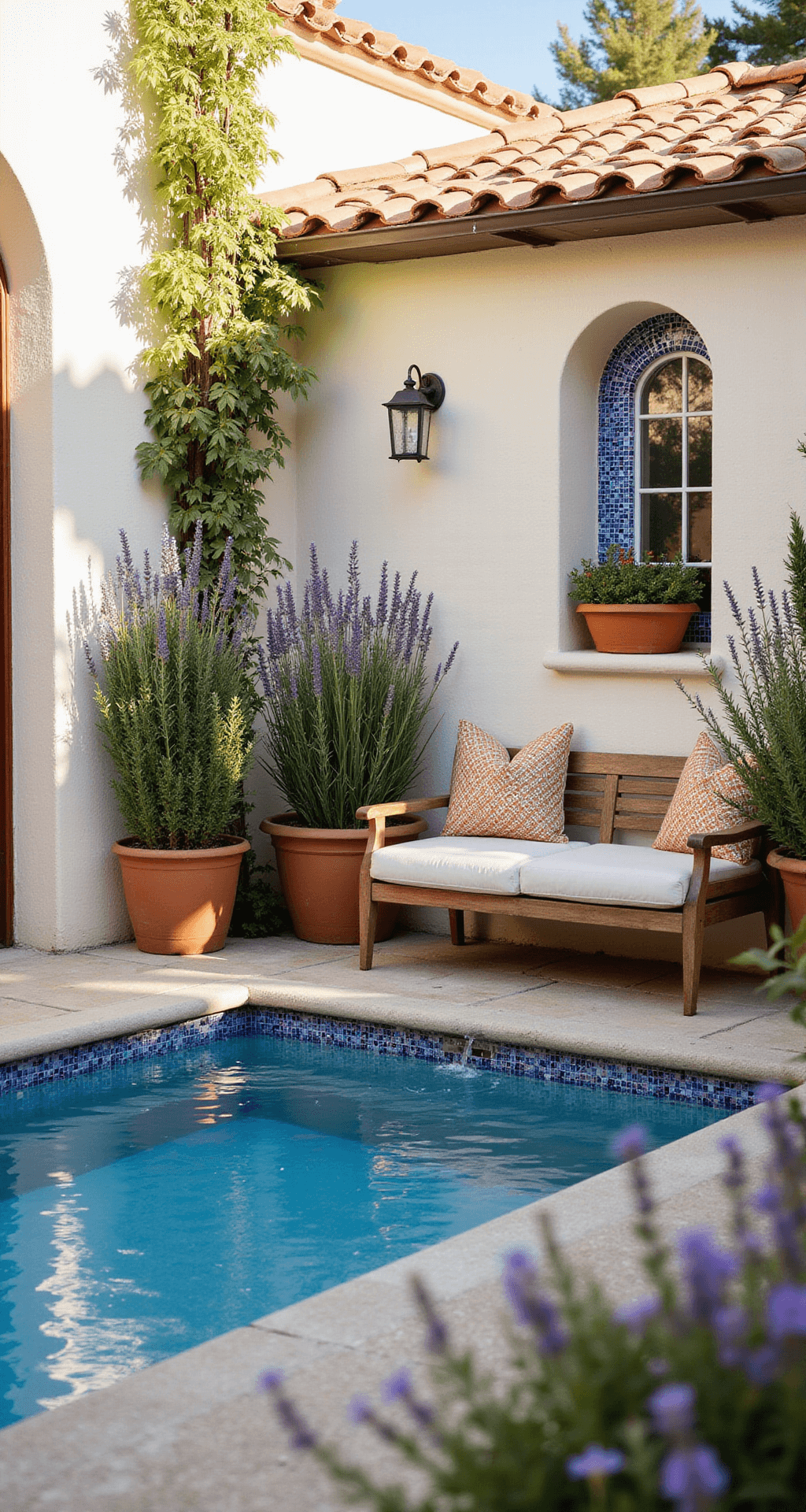 A picturesque plunge pool in a Mediterranean courtyard, lined with blue and white tiles, surrounded by lavender and olive trees, a built-in bench with cushions, a mosaic fountain, and golden afternoon light illuminating the scene.