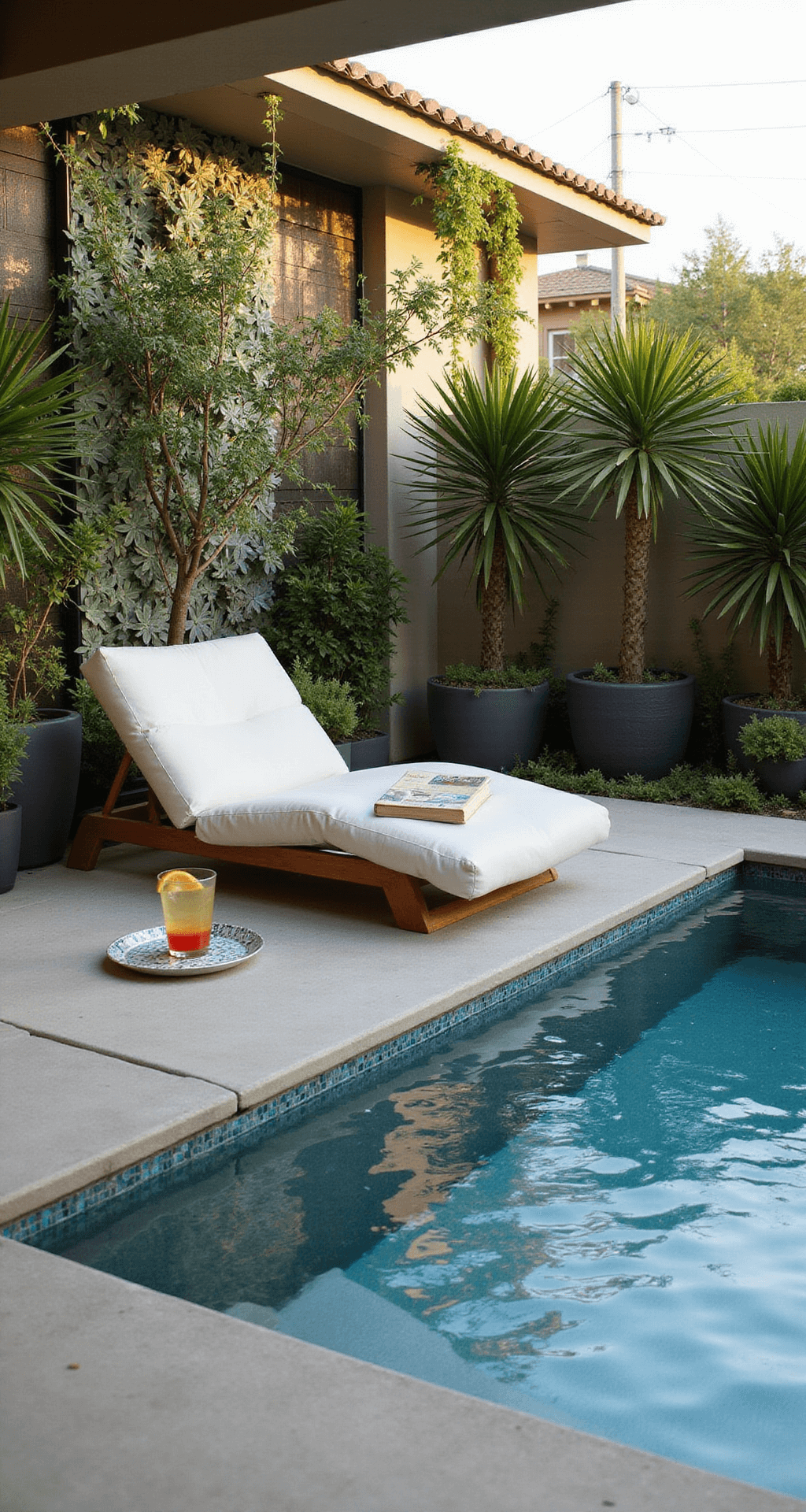 A compact plunge pool in a sunlit urban backyard, featuring minimalist concrete decking, a white lounge chair, lush potted palms, and a vertical succulent garden, with iridescent blue tiles shimmering in the water.