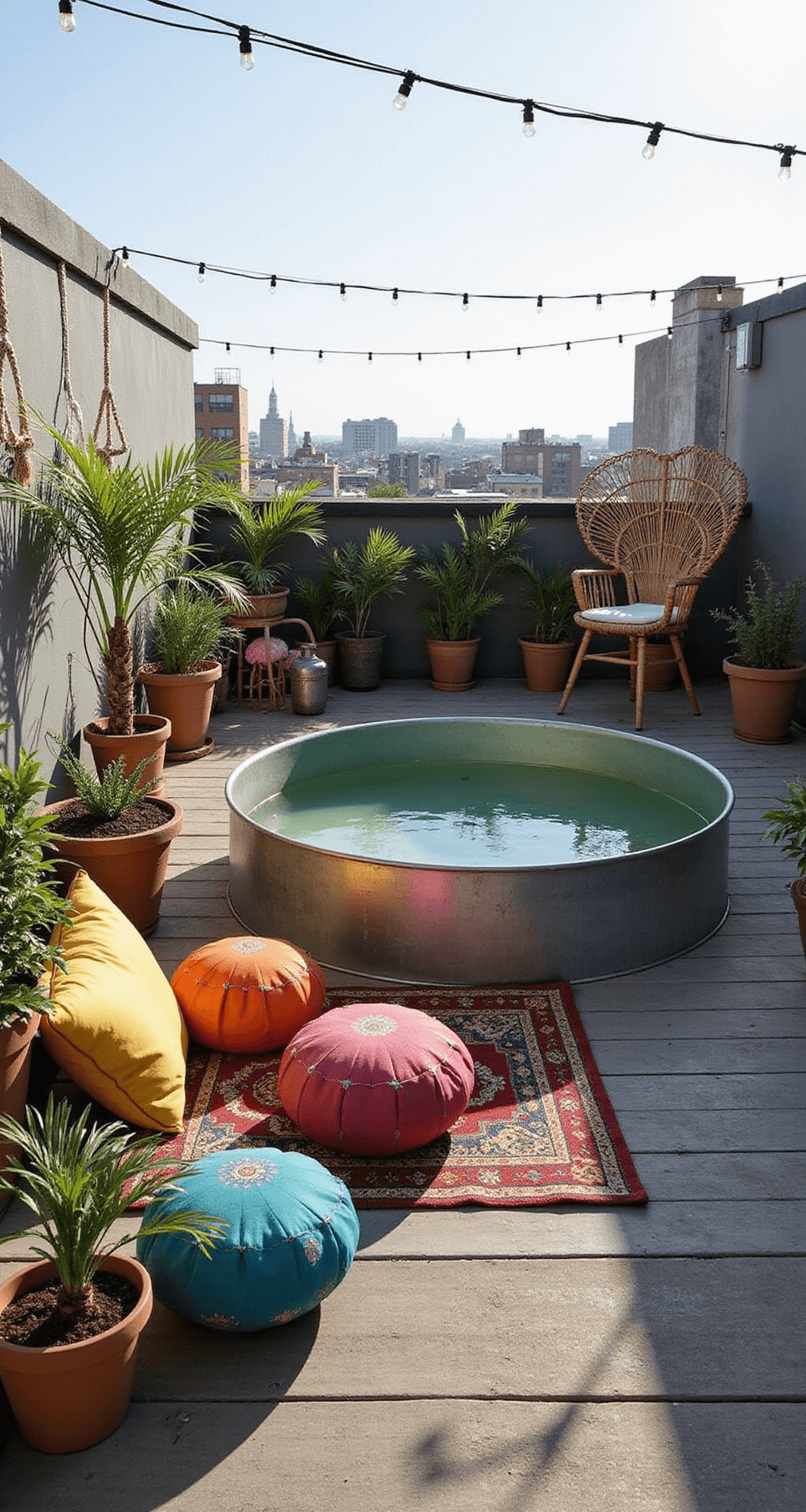 A cozy rooftop terrace featuring a stock tank pool surrounded by a weathered gray wooden deck, adorned with colorful Moroccan poufs, macramé plant hangers, and a patterned outdoor rug under soft morning light. String lights create a magical ambiance, while tropical plants in mismatched pots add texture. A rattan peacock chair serves as a focal point against the cityscape backdrop.