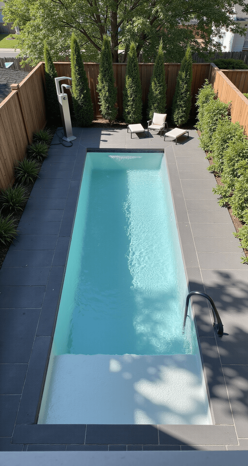 Aerial view of a narrow lap pool in a side yard, lined with charcoal tiles and featuring a small waterfall, minimalist lounge chairs, ornamental grasses for privacy, and an outdoor shower nearby, all under dramatic midday shadows from a tall fence.