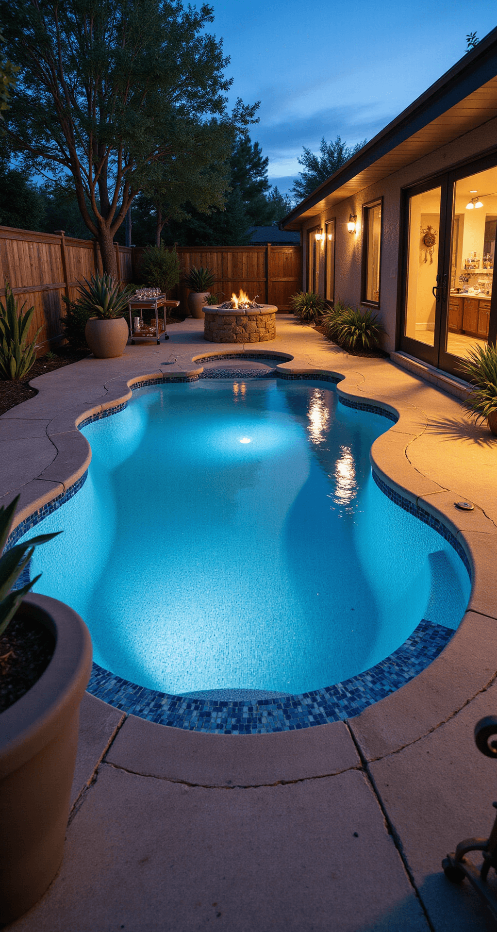 Chic cocktail pool in a small suburban backyard at twilight, featuring a kidney-shaped pool with a blue and white mosaic floor, built-in seating, warm travertine deck with glass tile accents, cozy fire pit area, oversized agave planters, and a stocked poolside bar cart, all capturing a sophisticated party atmosphere with retro glamour.
