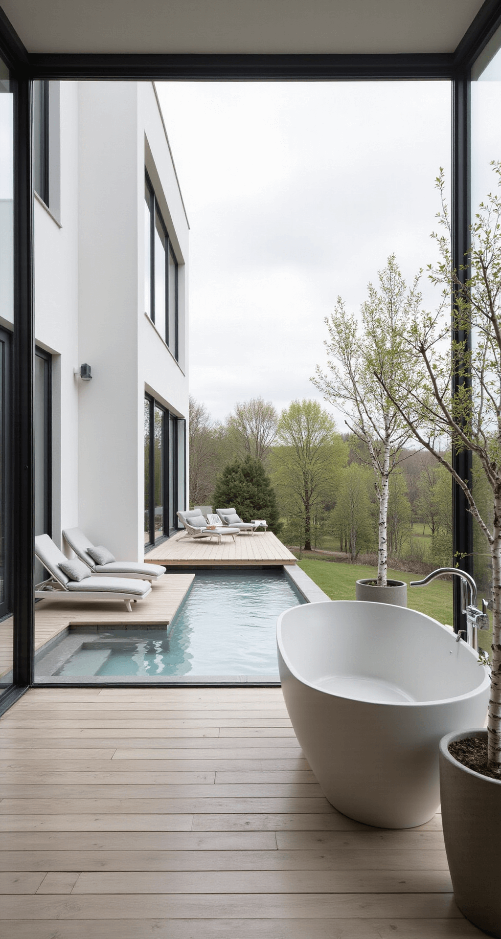 A serene Scandinavian-inspired plunge pool in a sunroom, featuring floor-to-ceiling windows, pale oak decking, simple white lounge chairs, a matte white freestanding bathtub, and potted birch trees, showcasing a seamless indoor-outdoor living space.