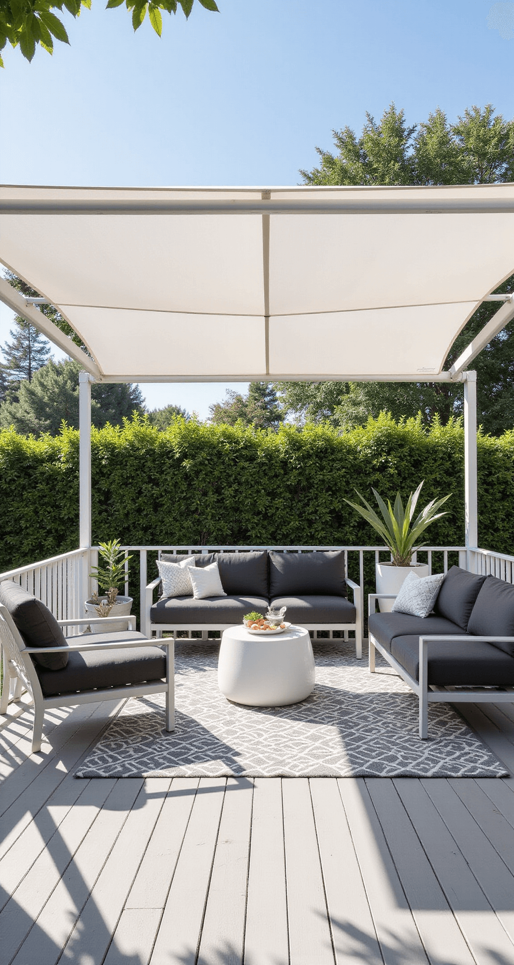 A contemporary outdoor lounge featuring a retractable white canvas canopy casting shadows on light grey decking, accompanied by modern aluminum furniture with charcoal cushions, a grey and white geometric rug, and oversized white ceramic planters.