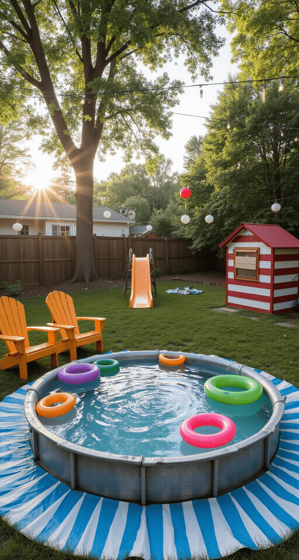 A whimsical backyard scene featuring a partially sunken stock tank pool surrounded by a blue and white striped deck, colorful pool noodles and inflatable toys floating in the water, a red and white striped cabana, bright primary-colored Adirondack chairs, a DIY slip-and-slide, and string lights overhead, all bathed in dappled sunlight filtering through leafy trees.