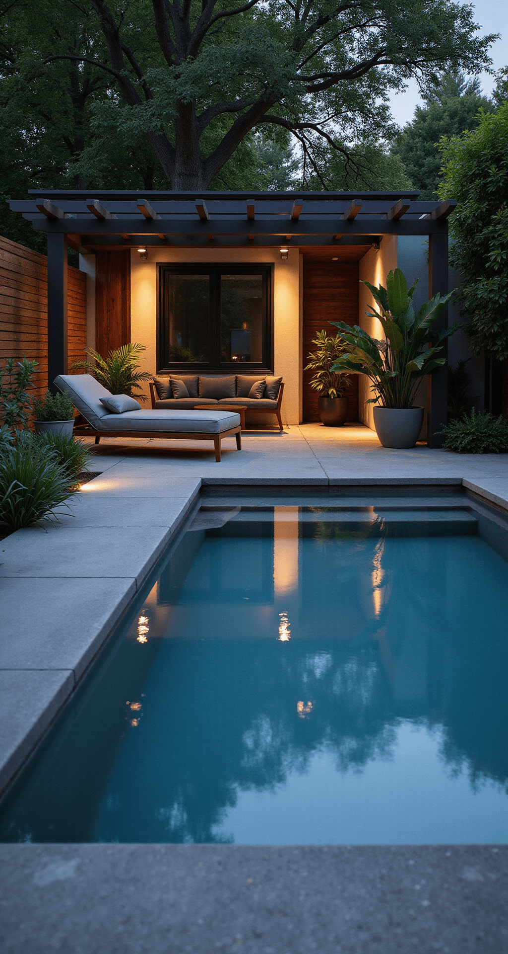 A sleek cocktail pool in a compact urban backyard at dusk, featuring built-in benches, warm LED lighting, modern lounge furniture, lush potted plants, and a pergola, all framed in a deep blue and warm wood color palette.