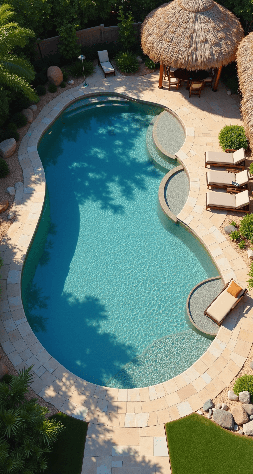 Aerial view of a freeform lagoon-style pool with a pebble-finish interior in shades of blue, nestled within a 30'x40' backyard featuring natural stone decking, tropical landscaping, and a thatched-roof palapa with an outdoor dining set, all illuminated by bright, diffused morning sunlight.