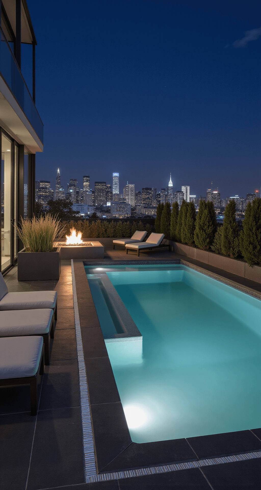A wide-angle view of a modern urban rooftop terrace at night, featuring a sleek rectangular infinity pool surrounded by dark grey tiles, minimalist white loungers, and a cozy fire pit area, with tall planters and a vibrant city skyline illuminated in the background.