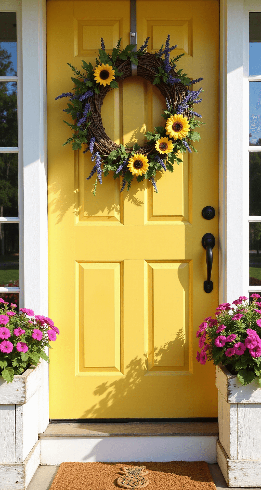 A bright yellow front door with a large grapevine wreath decorated with faux sunflowers and lavender, surrounded by whitewashed planters filled with pink and purple petunias, set on a sunlit porch.