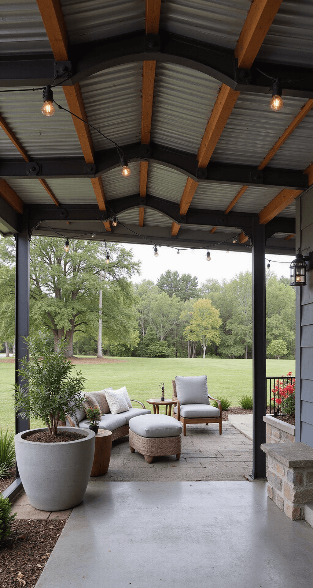 Early morning view of an industrial chic patio featuring an 18x14ft corrugated steel cover, exposed beams, mixed metal and reclaimed wood furniture, Edison bulb string lights, and concrete planters with architectural plants, all in gunmetal greys and warm wood tones.