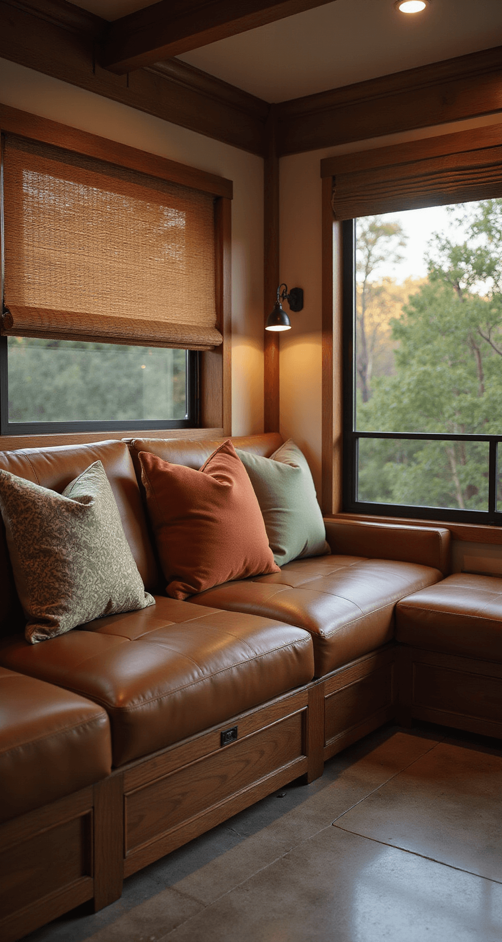 Wide-angle interior shot of a convertible lounge area at dusk, featuring rich cognac leather bench seating with concealed storage, geometric pillows in rust and sage green, bamboo roman shades diffusing warm light, and polished concrete-look vinyl flooring, all captured with sharp detail at f/5.6.