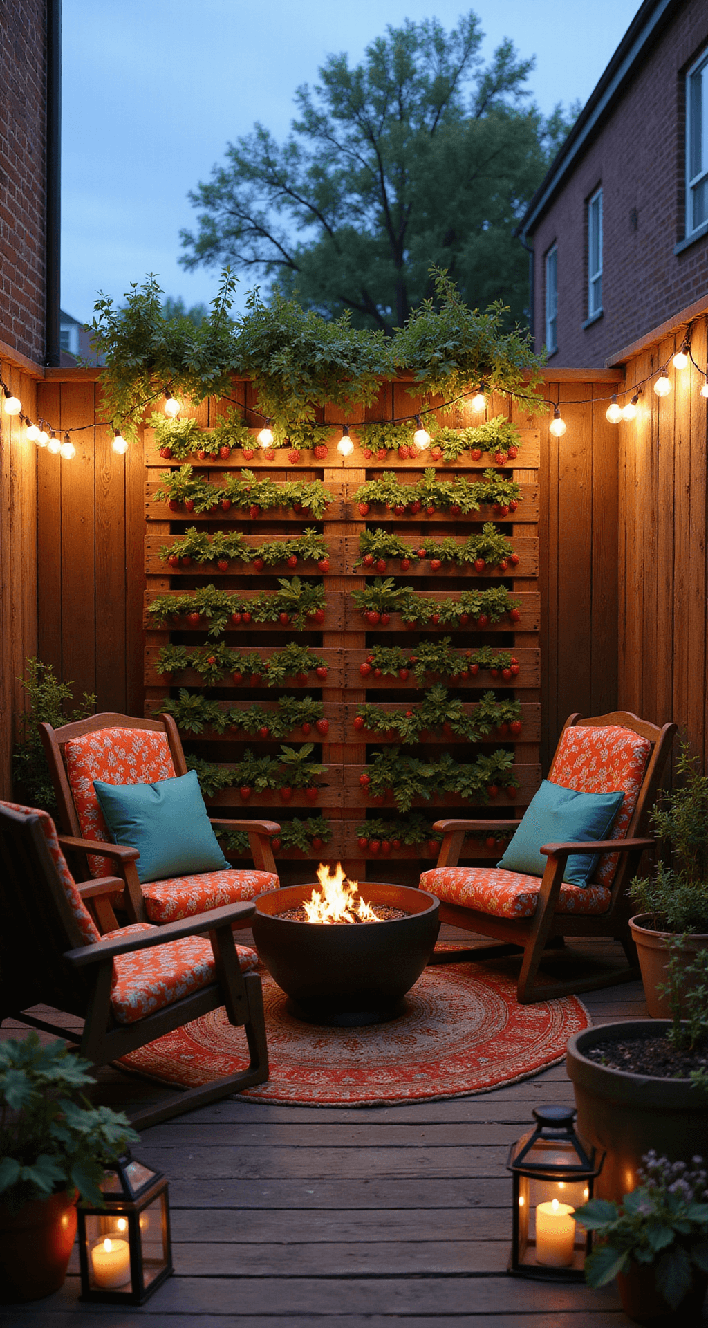A cozy urban patio at dusk, featuring a rustic vertical strawberry garden made from a stained wooden pallet, surrounded by mismatched vintage chairs and colorful throw pillows. Warm string lights and lanterns with flickering LED candles create an intimate, magical atmosphere.