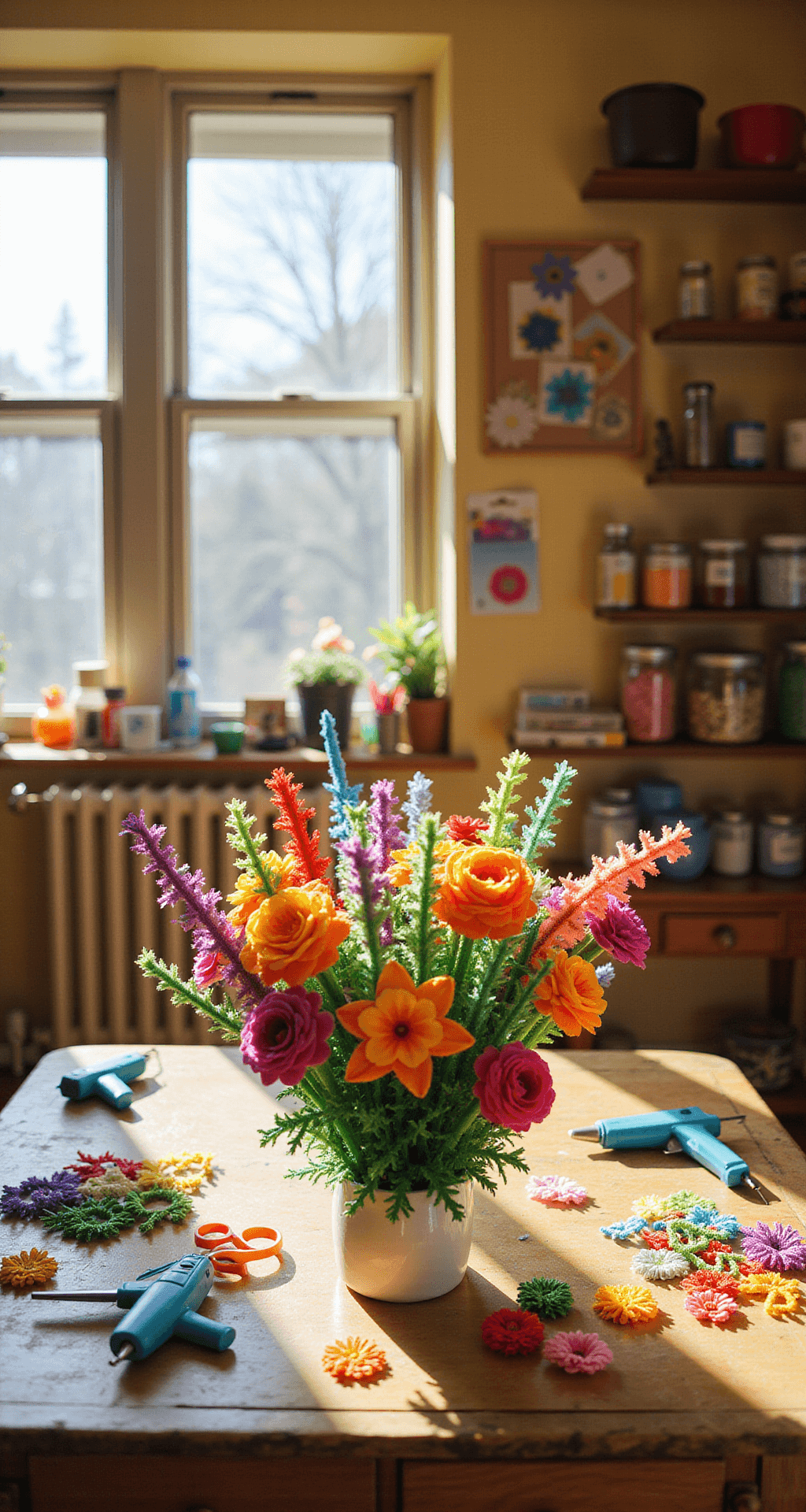 A spacious, sunlit craft room filled with colorful supplies on a rustic wooden table, featuring a completed bouquet of vibrant pipe cleaner flowers in a white vase, surrounded by shelves of jars and a mood board, all bathed in warm afternoon light.